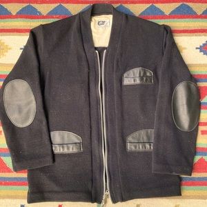 Engineered Garments Japan Black Zip Cardigan Skookum Wool Leather Trim L Large